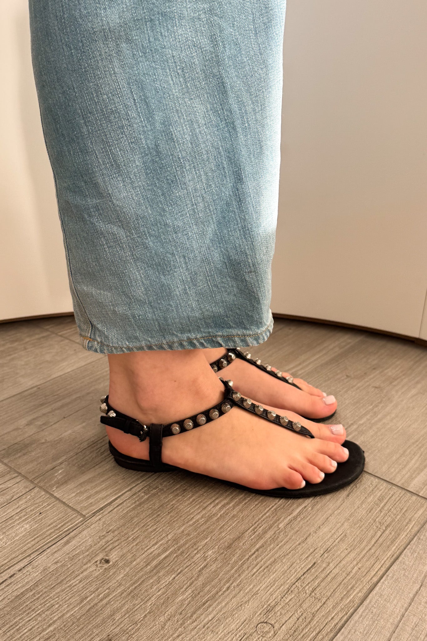 Balenciaga black leather studded T-strap sandals