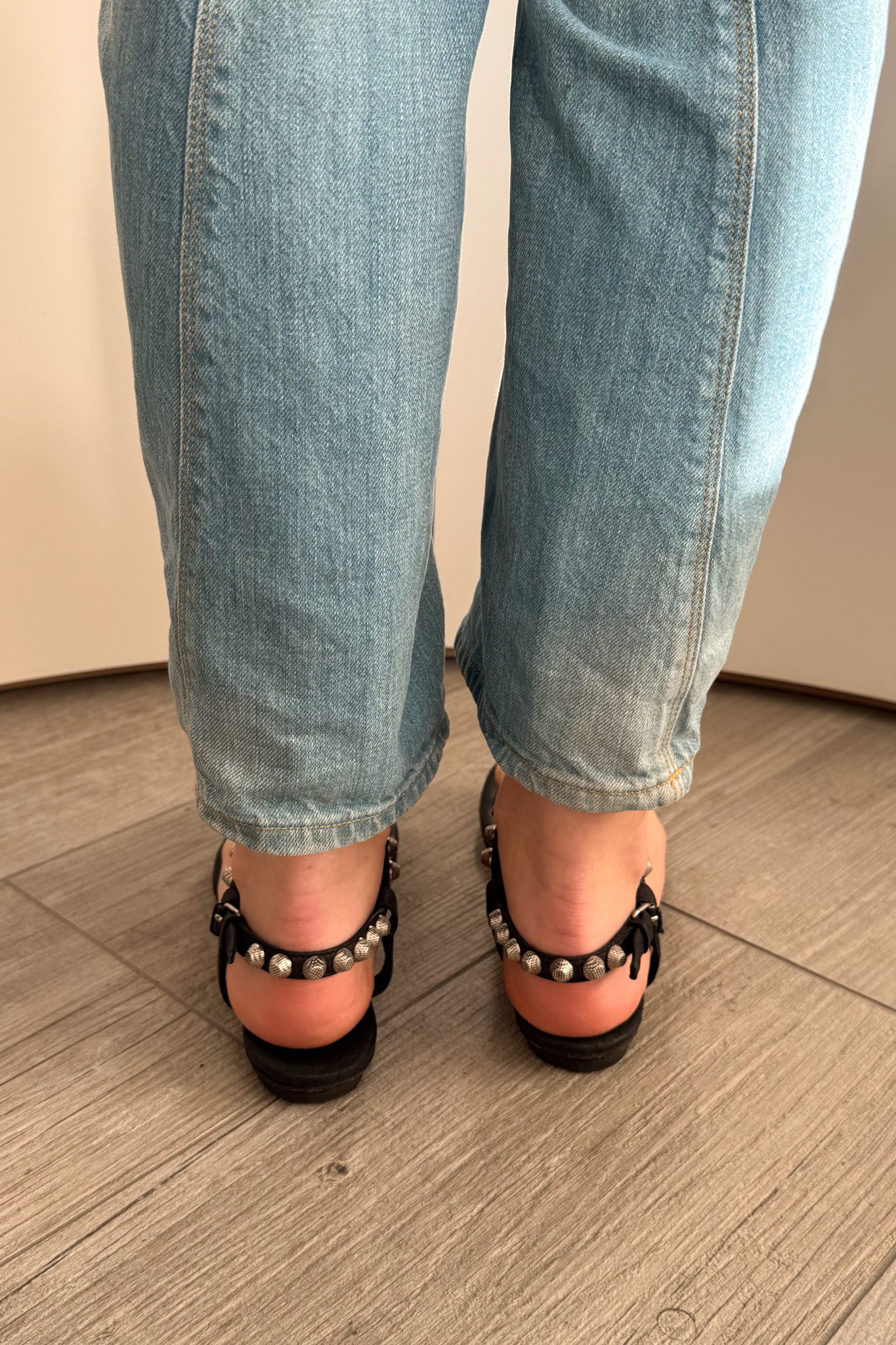 Balenciaga black leather studded T-strap sandals