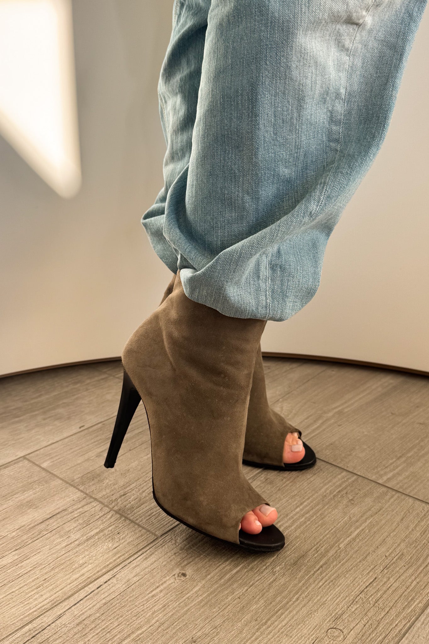 Bottega Veneta peep toe suede high-heel boots