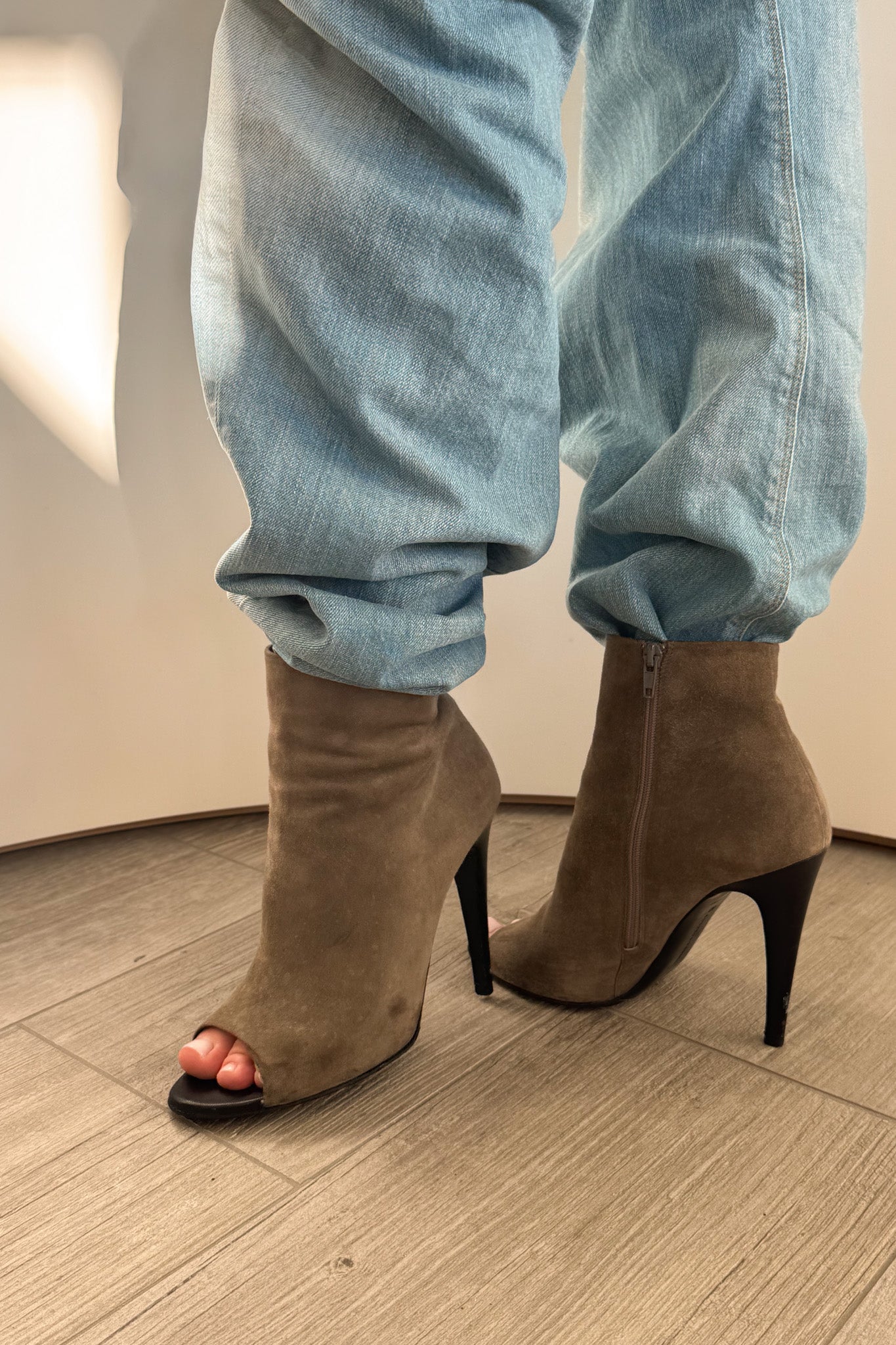 Bottega Veneta peep toe suede high-heel boots