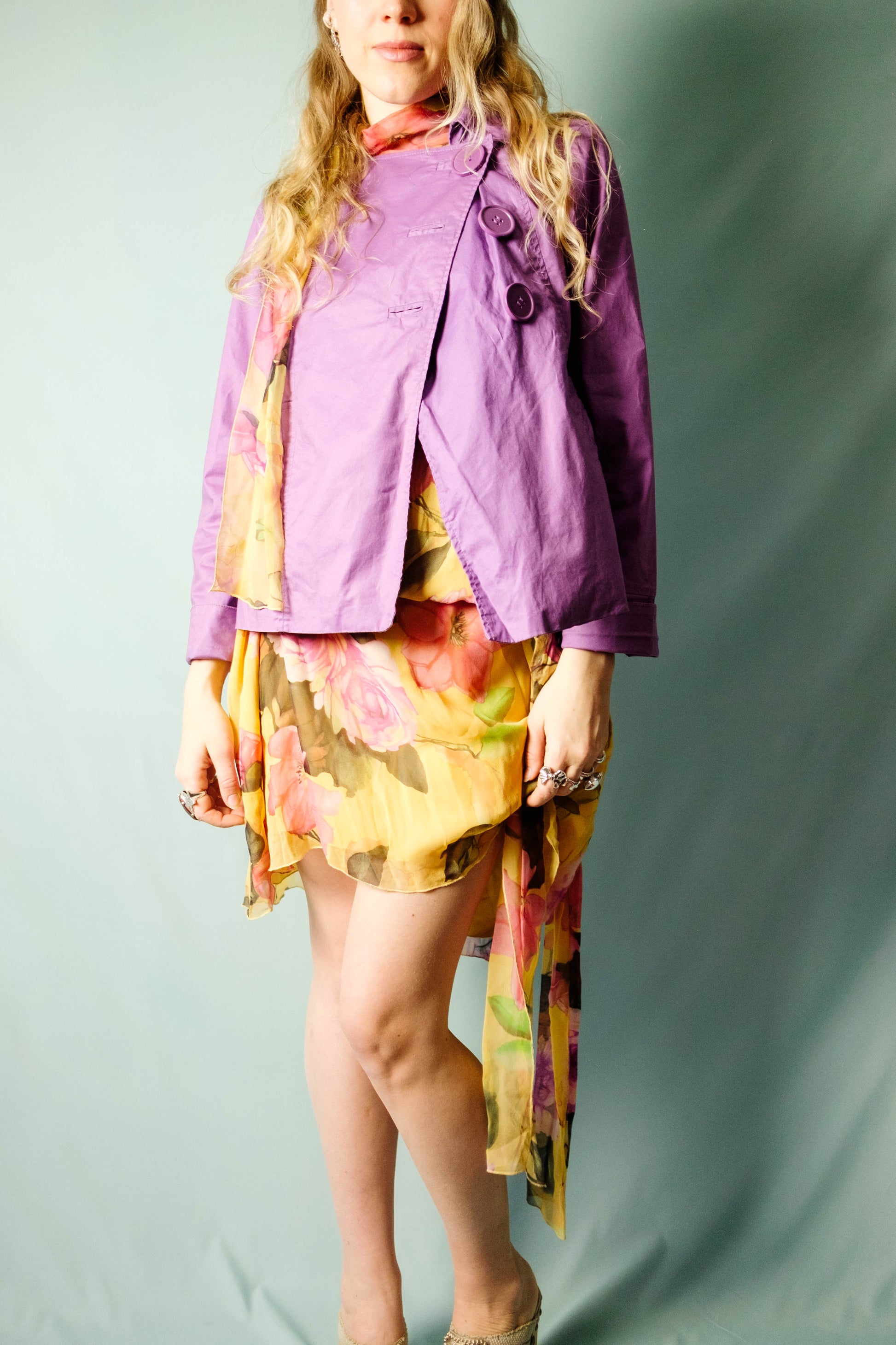 Lilac cropped trench coat with large plastic buttons, front view