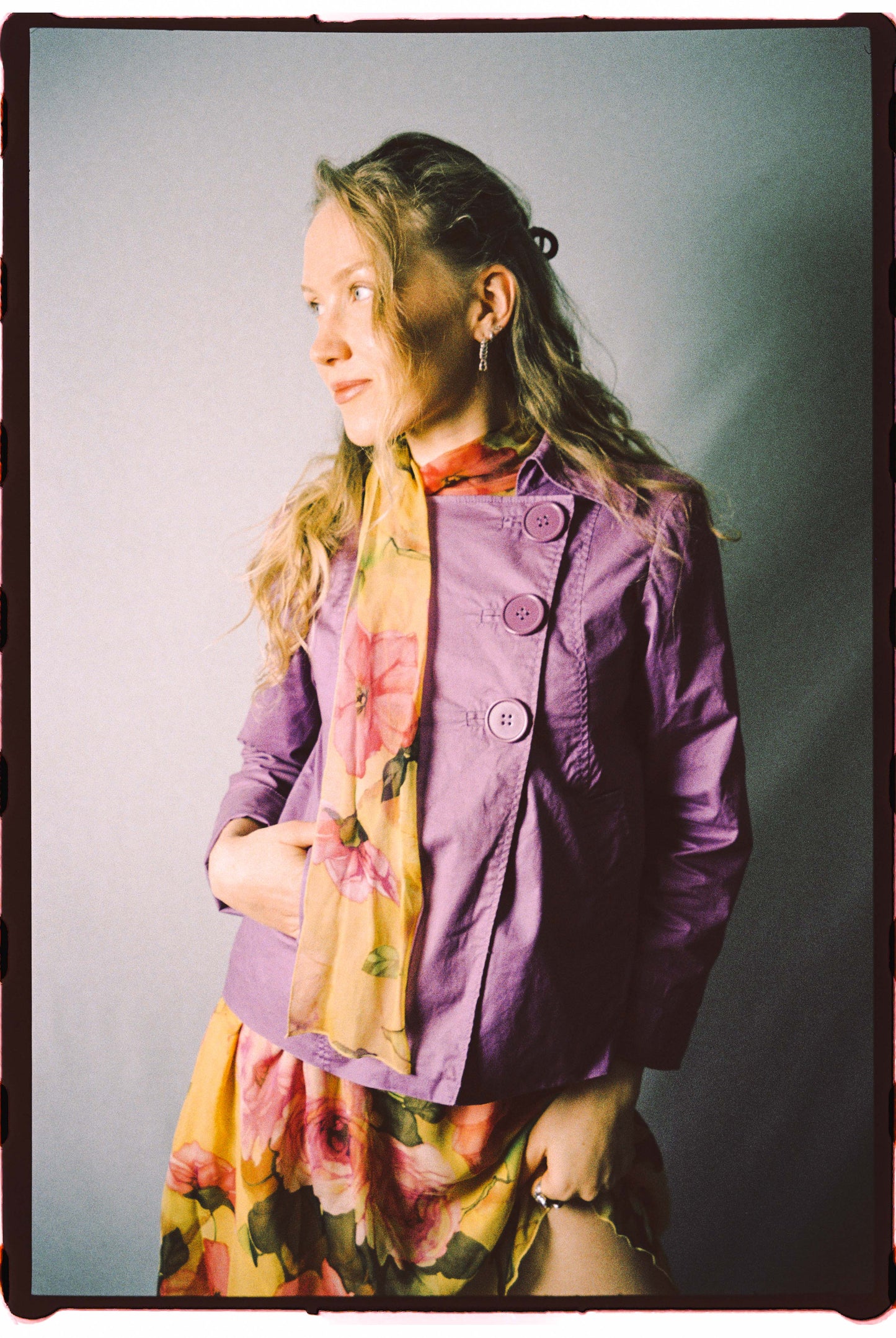 Lilac cropped trench coat with large plastic buttons, front view