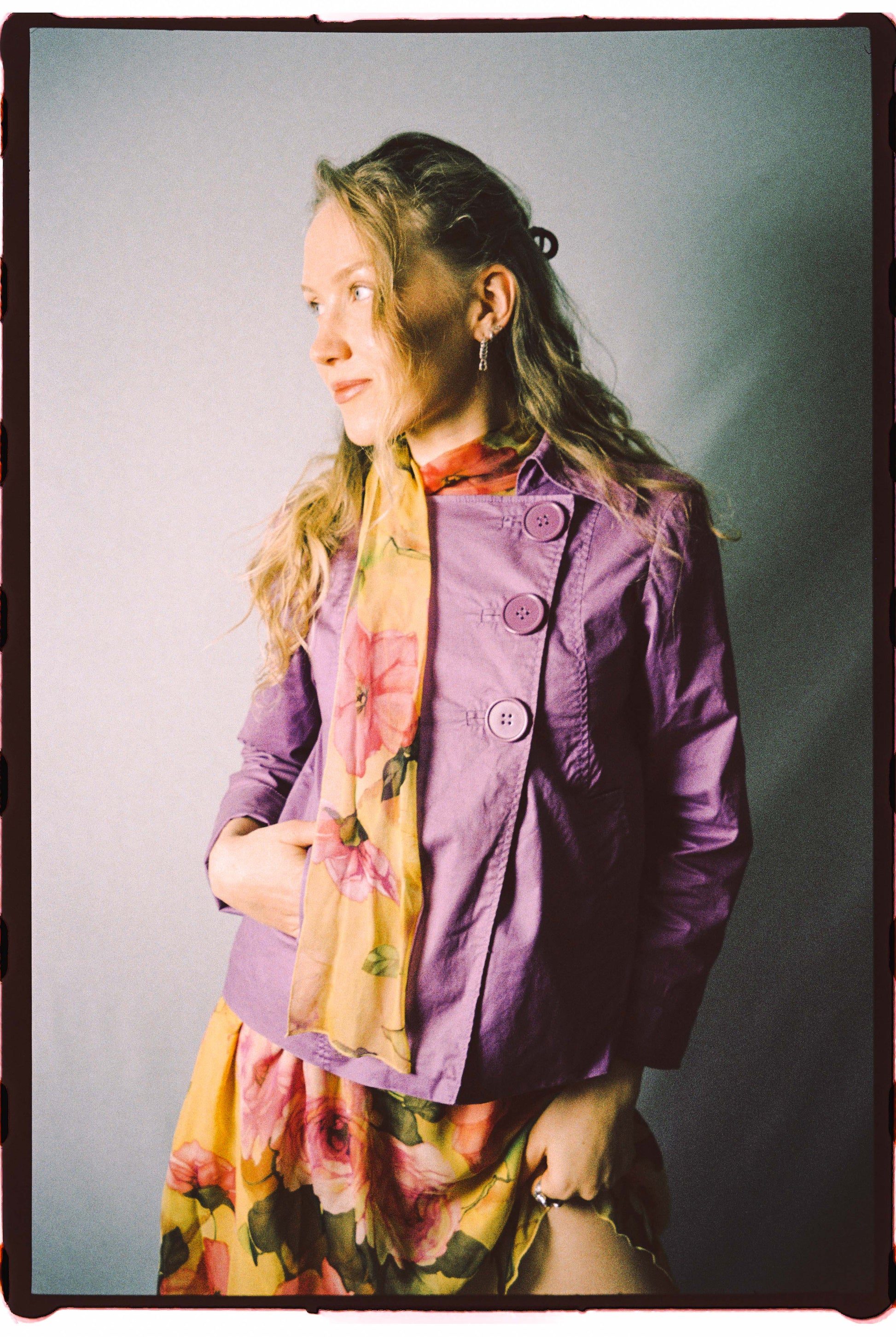 Lilac cropped trench coat with large plastic buttons, front view