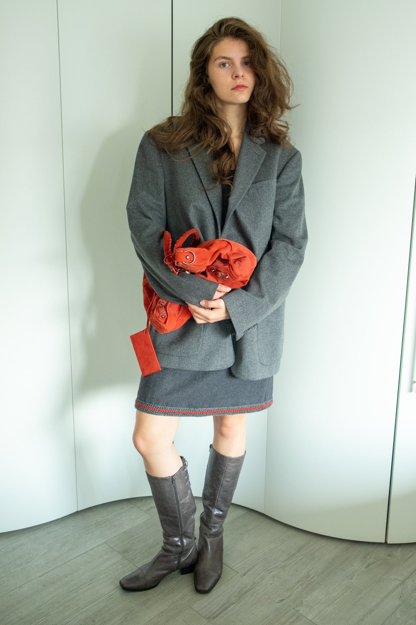 Donna Karan grey cashmere blazer styled open on model oversized fit