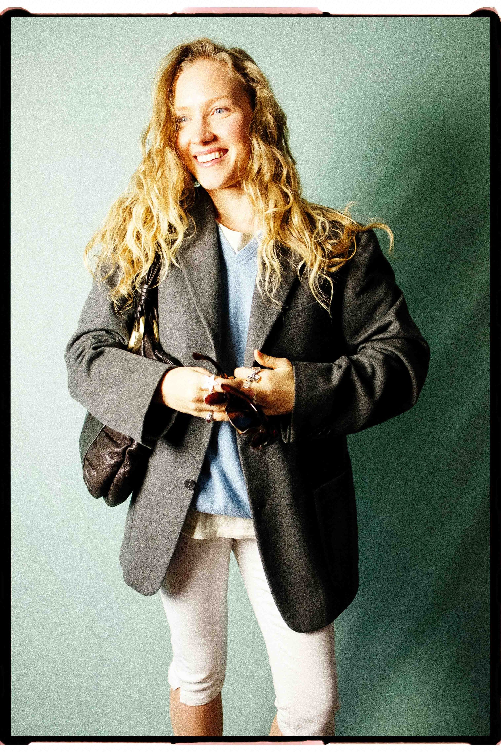 Donna Karan grey cashmere blazer styled open on model oversized fit