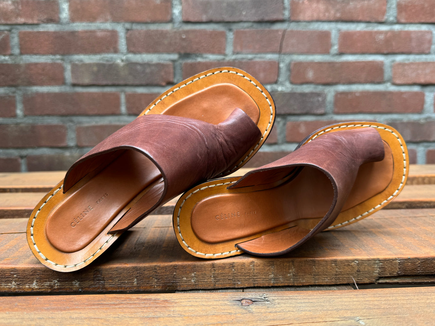Celine Bam Bam brown leather thong mules