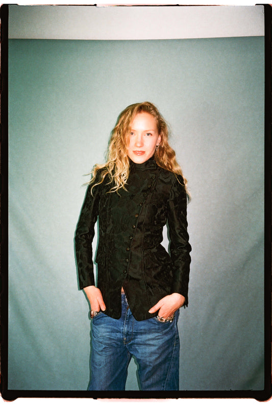 GUCCI BLACK JACQUARD WOOL BLEND BLAZER WITH EMBOSSED BUTTONS