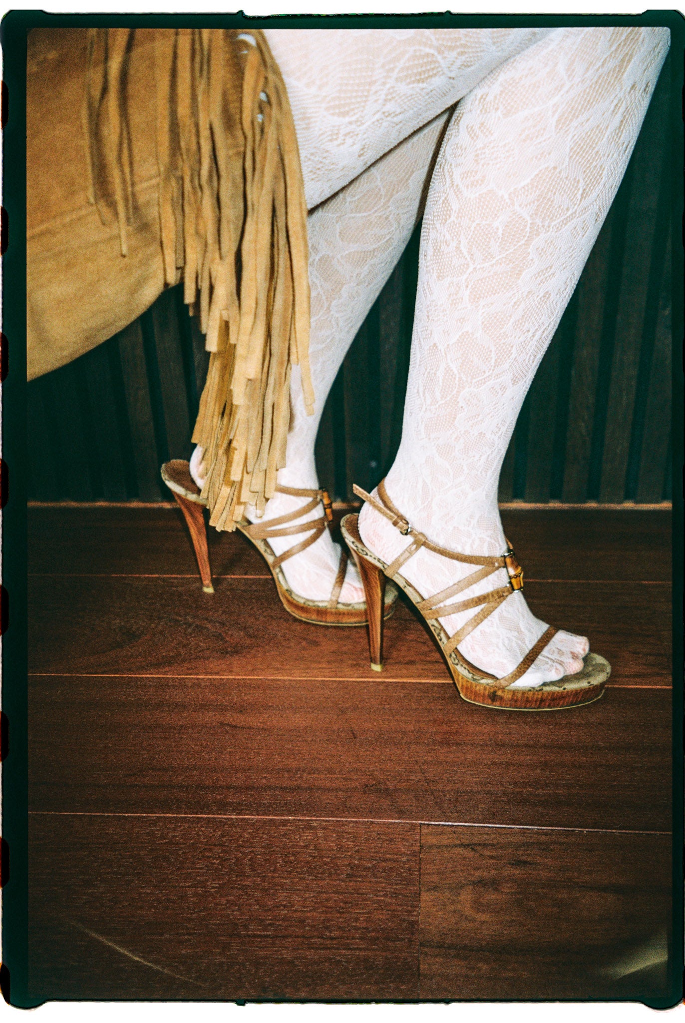 Gucci monogram strappy heels with wood and bamboo detail