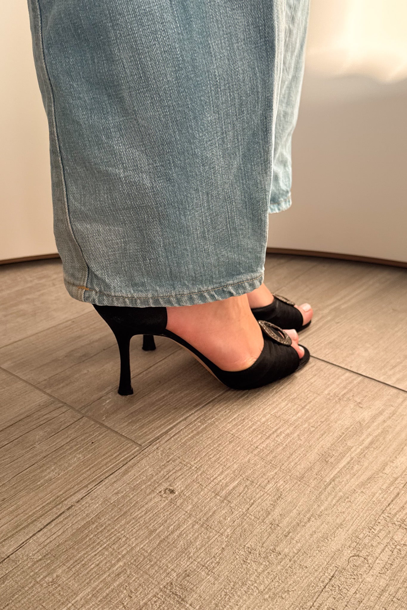 Manolo Blahnik black satin Sedaraby crystal D'Orsay heels