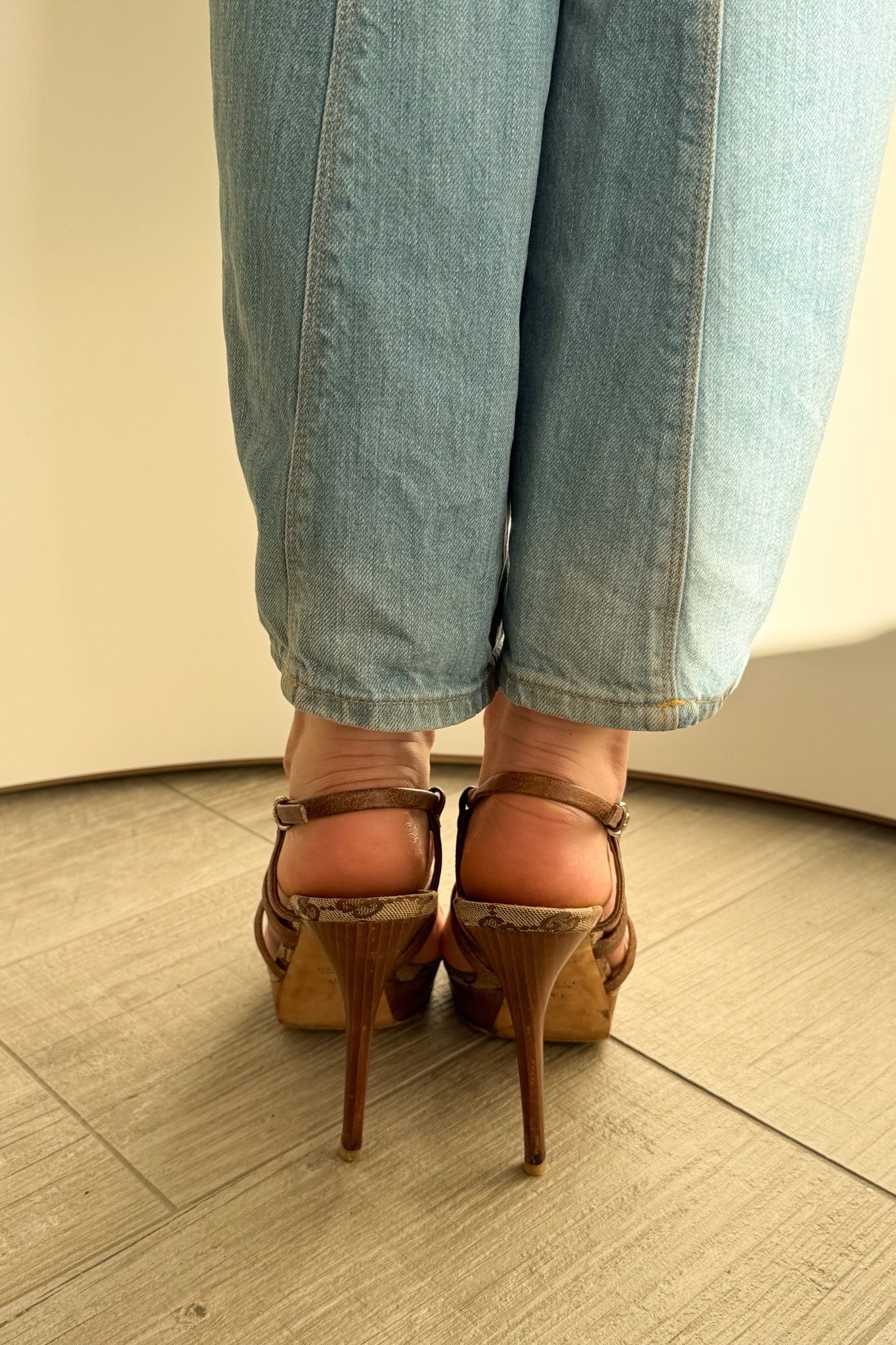 Gucci monogram strappy heels with wood and bamboo detail