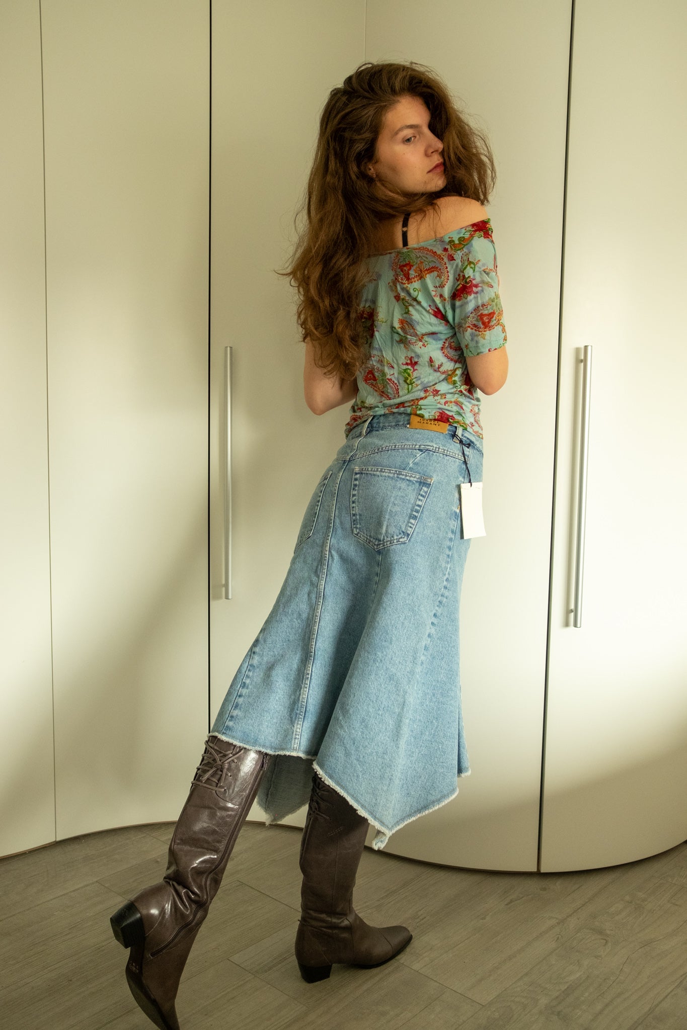 Isabel Marant asymmetrical high-waisted denim skirt, mid-calf length, size 38, brand new with tags