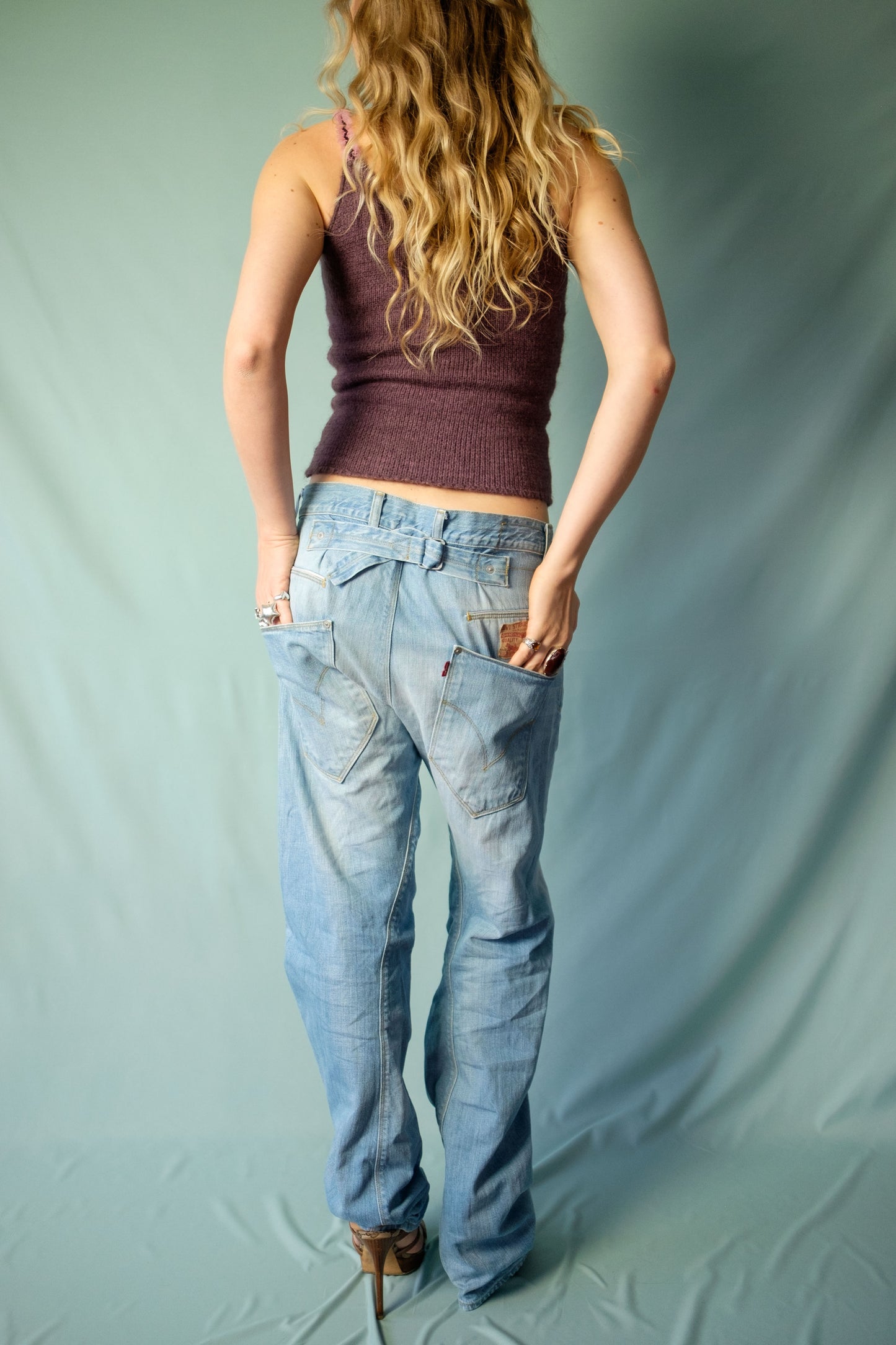 Levi's Engineered jeans light blue denim back view showing twisted seams
