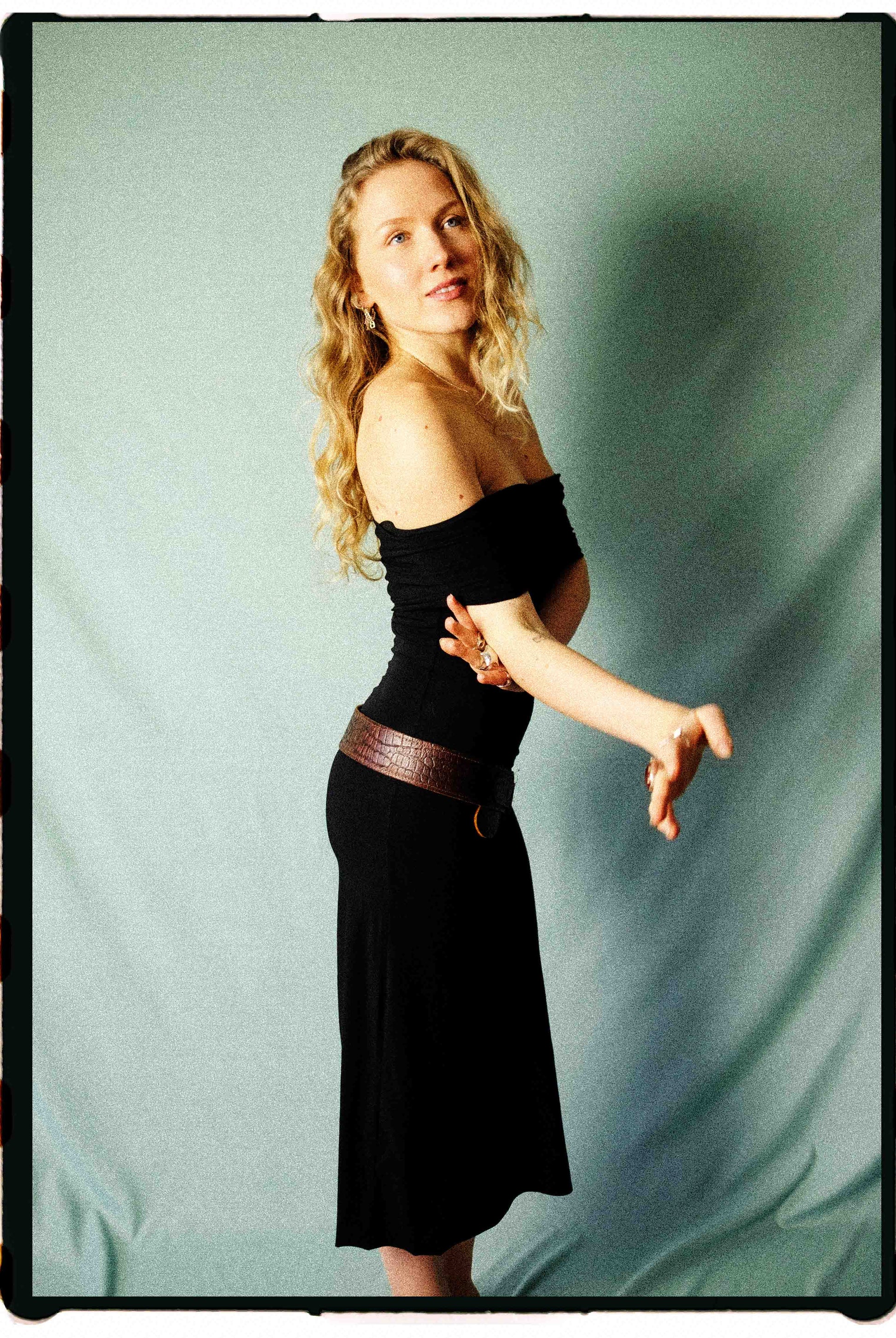 Marithé + François Girbaud 90s black bodycon midi dress styled on model