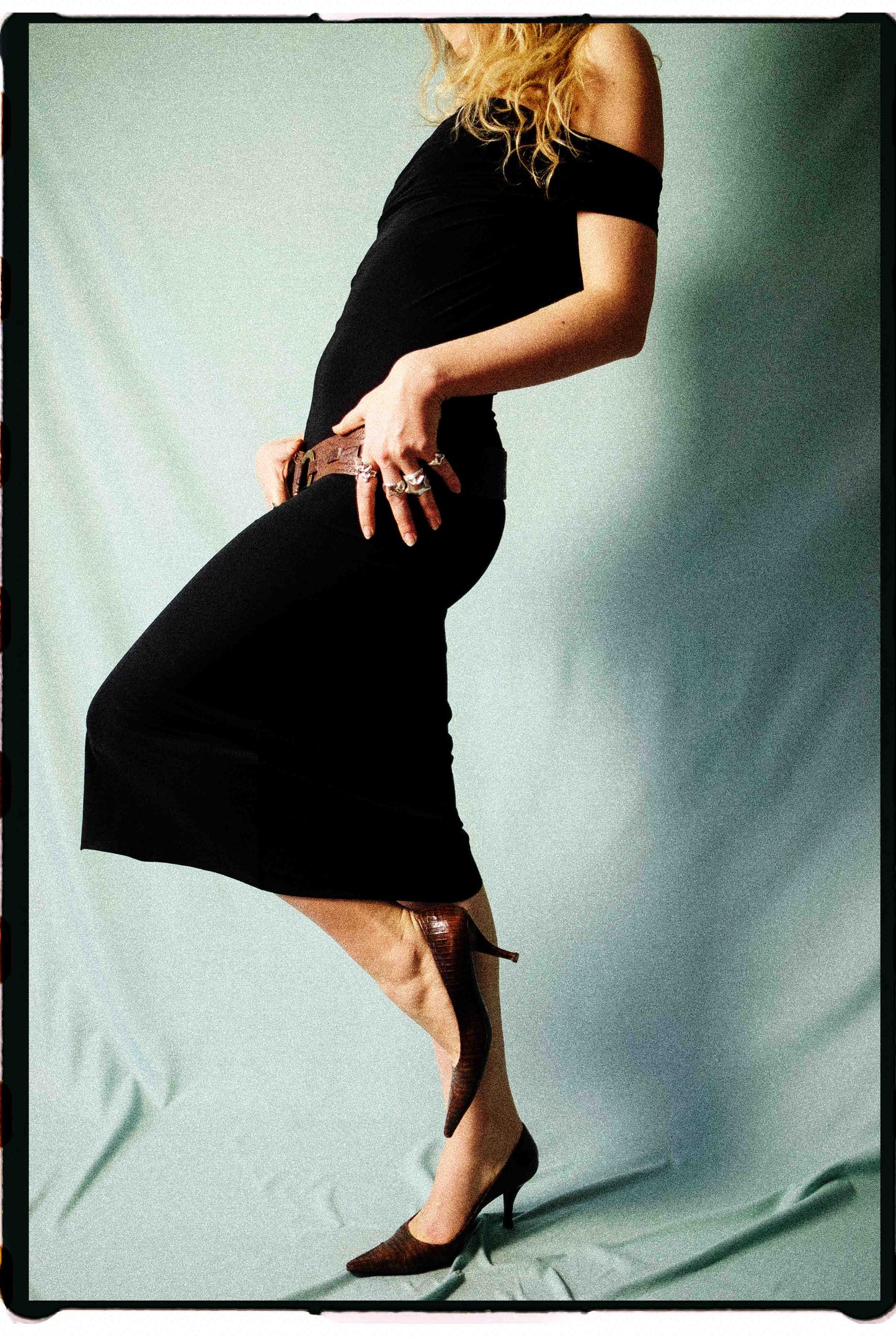 Marithé + François Girbaud 90s black bodycon midi dress styled on model

