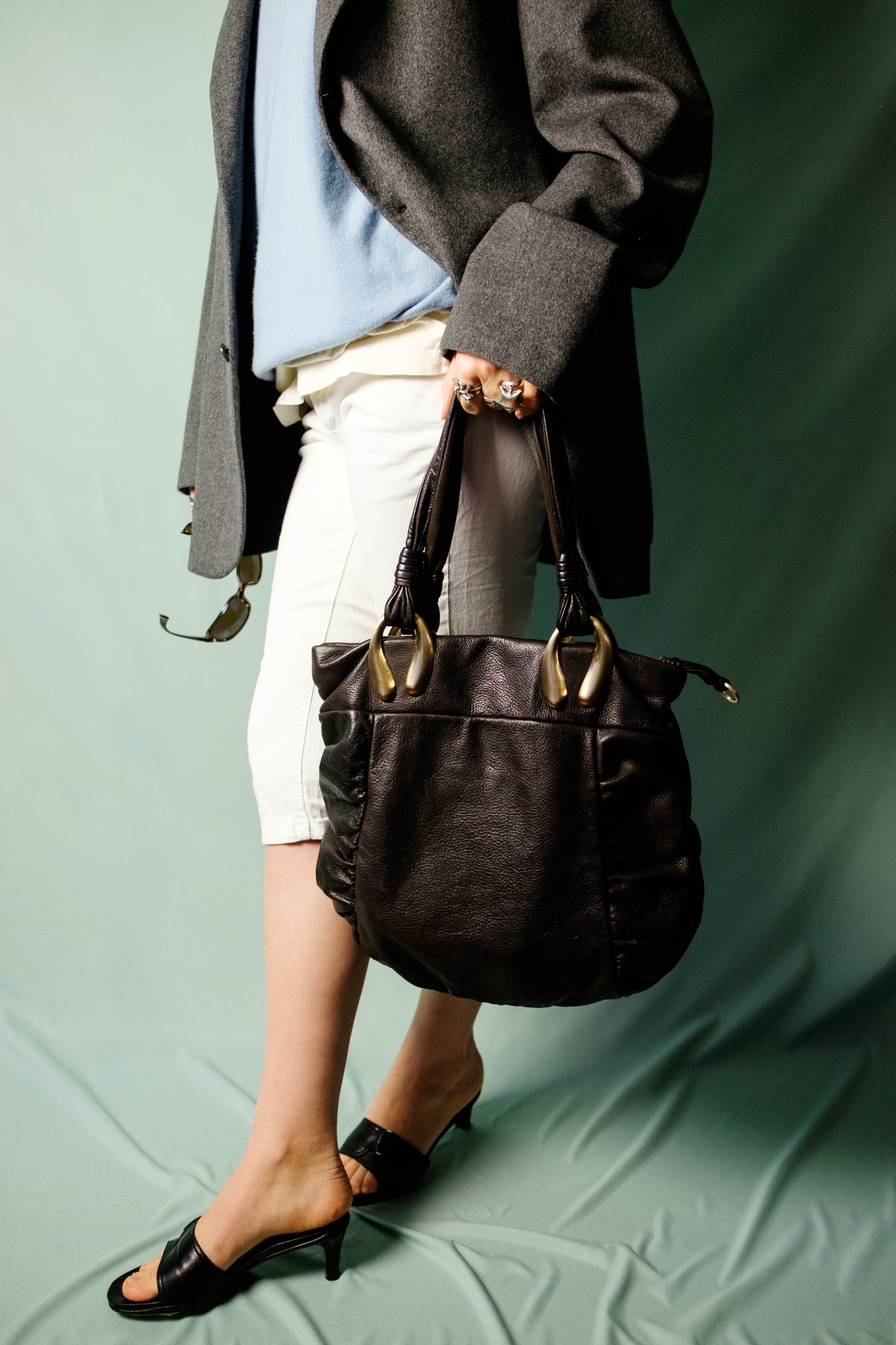Via Spiga vintage brown leather shoulder bag with gold hoop handles, front view