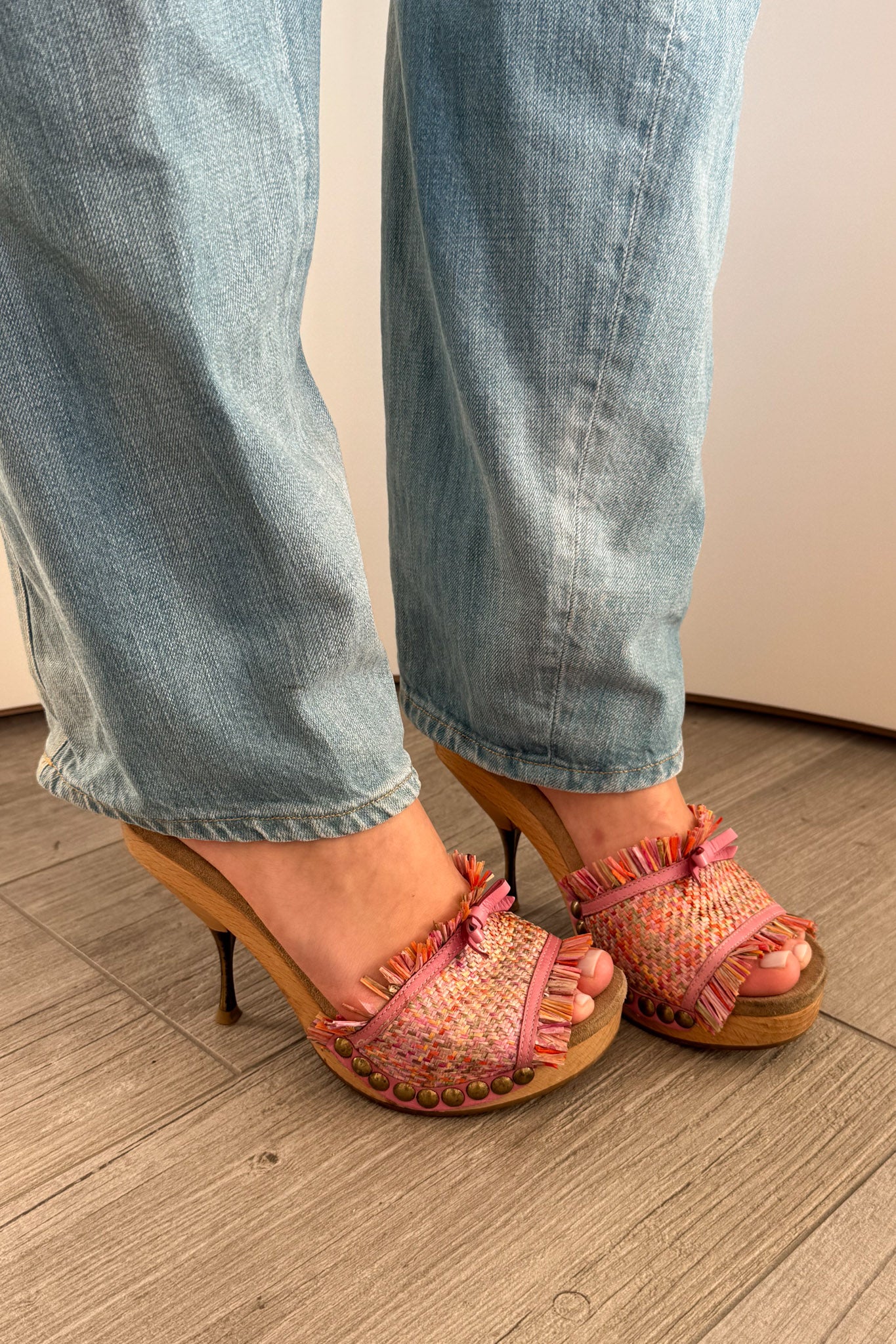 Miu Miu wooden sole studded heels with woven fabric and pink leather details