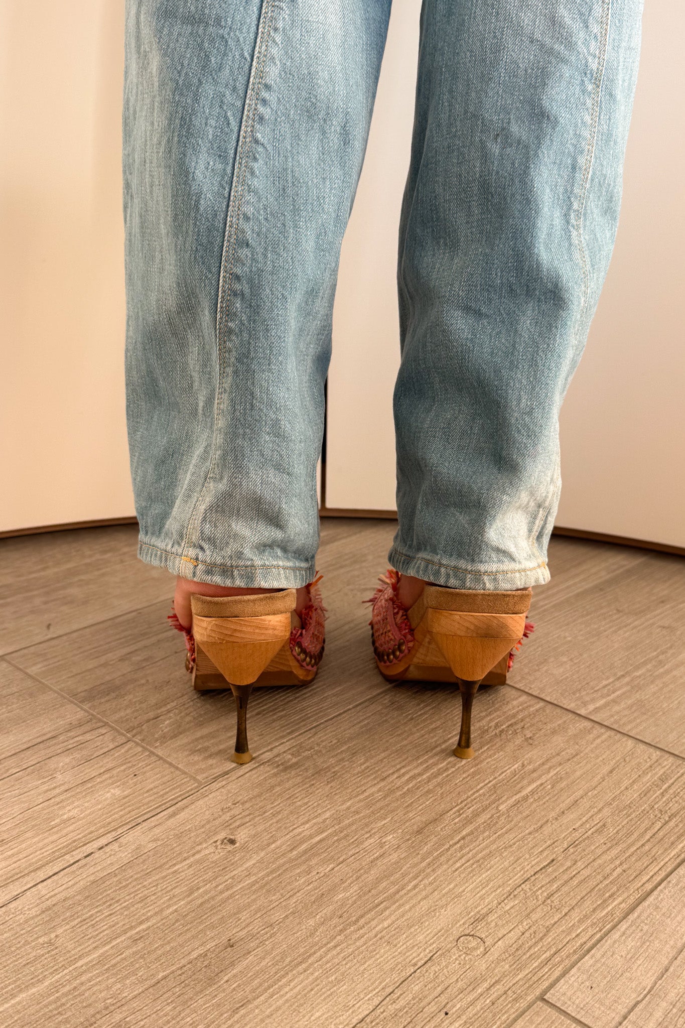 Miu Miu wooden sole studded heels with woven fabric and pink leather details