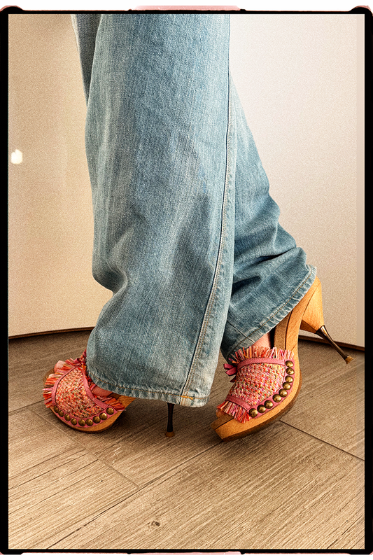 MIU MIU WOODEN SOLE STUDDED HEELS WITH WOWEN FABRIC & PINK LEATHER DETAILS