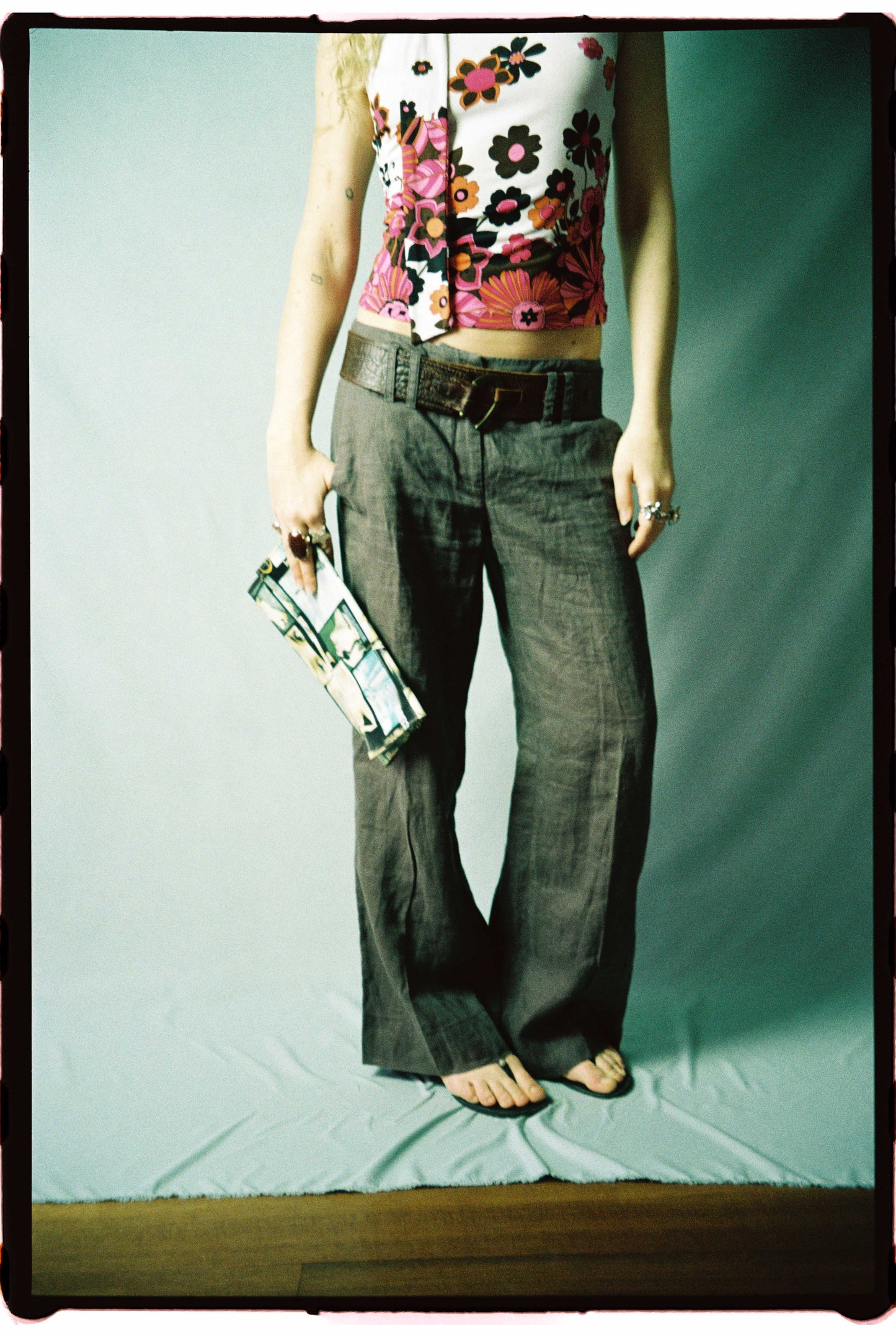 Taupe linen wide-straight trousers styled on model