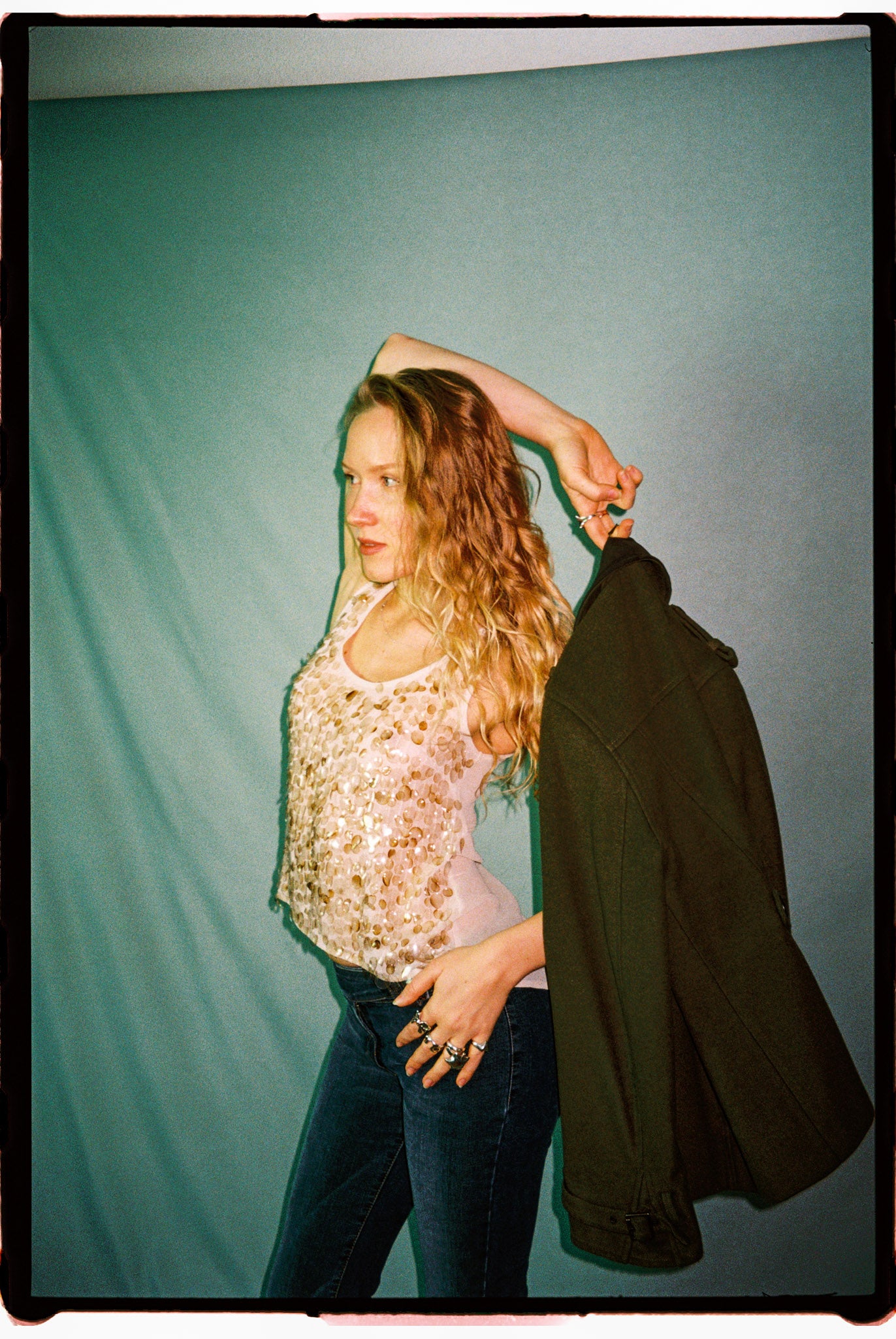 Vintage beige chiffon beaded top