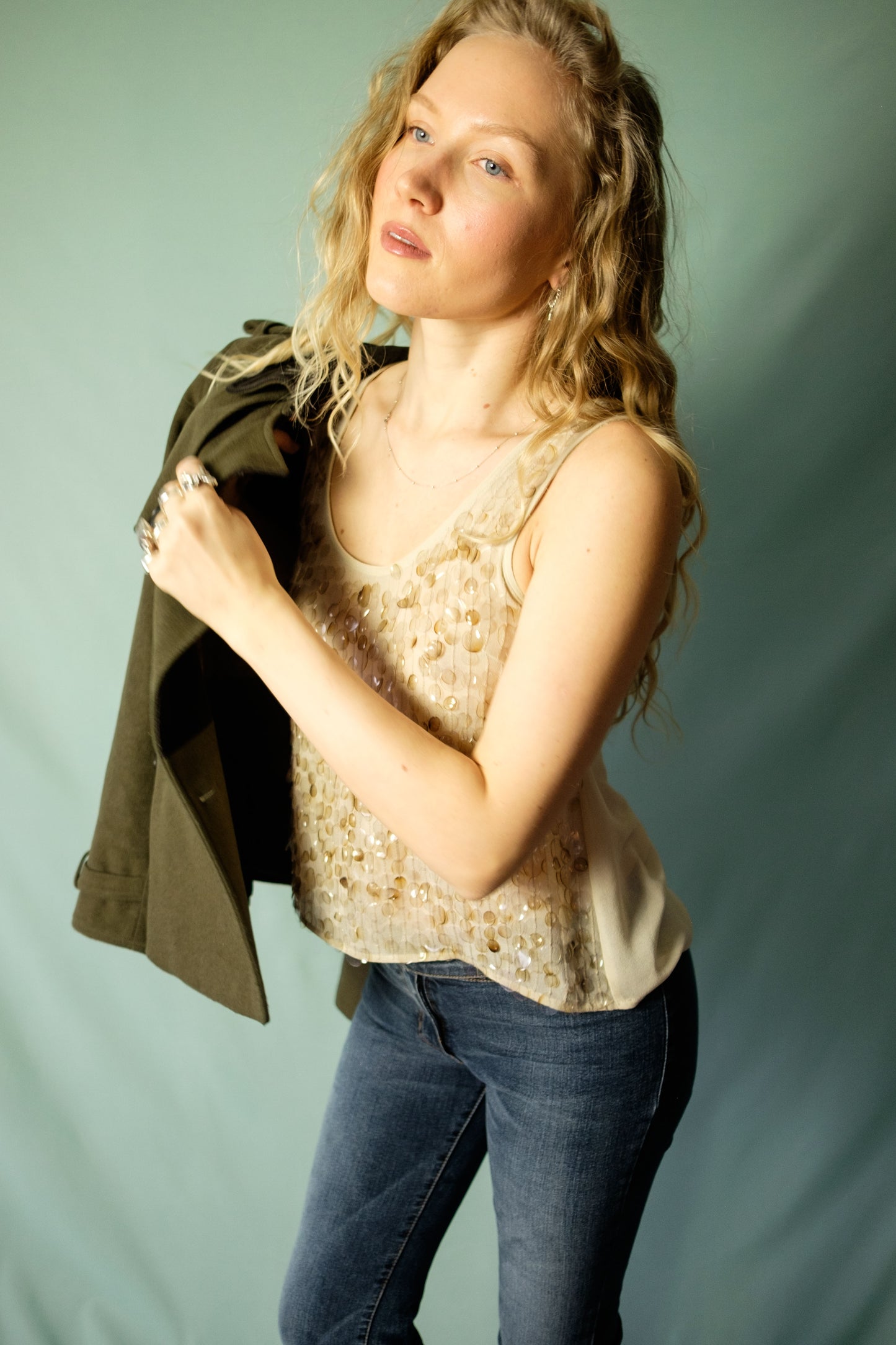 Vintage beige chiffon beaded top