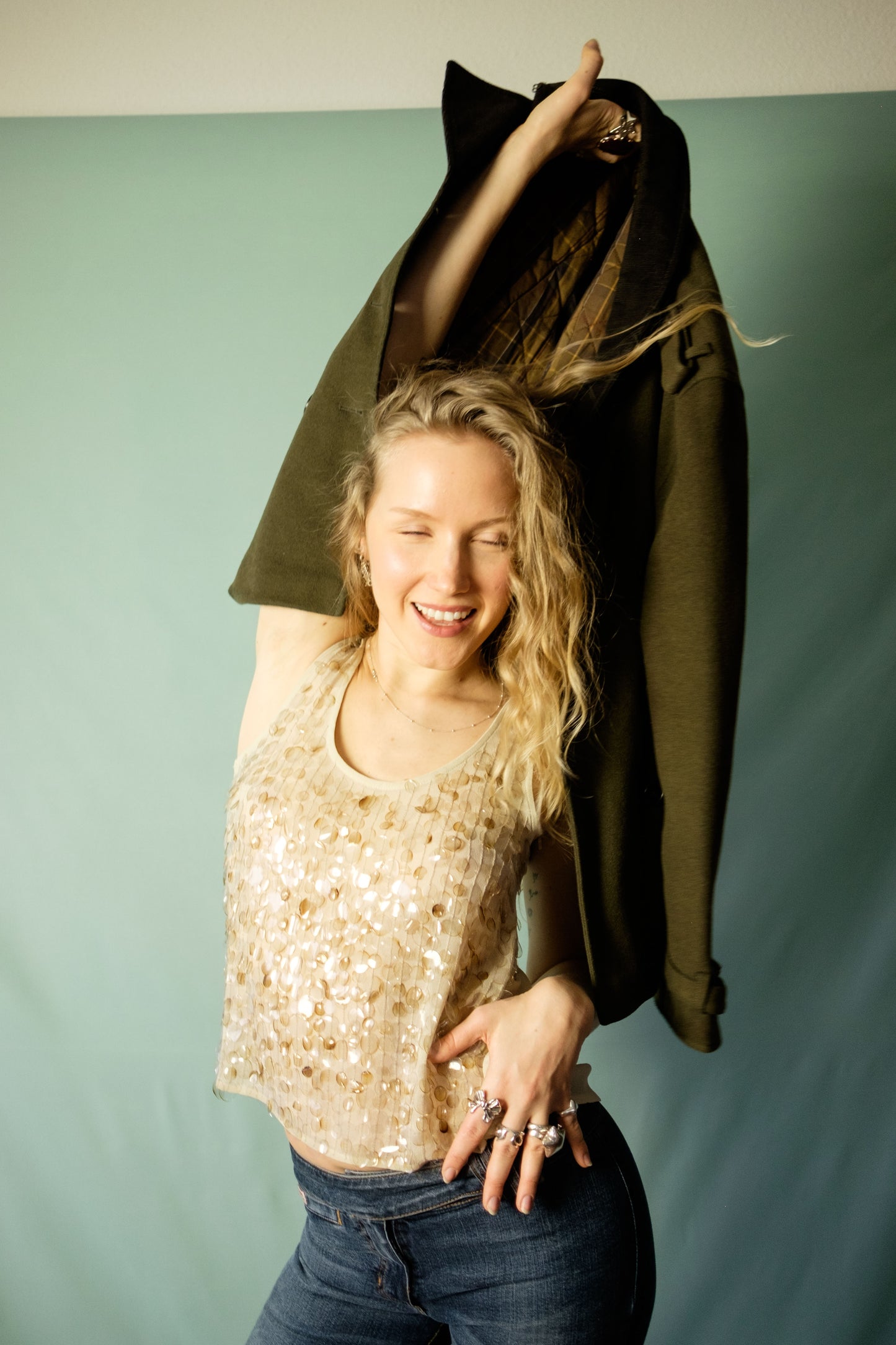 Vintage beige chiffon beaded top