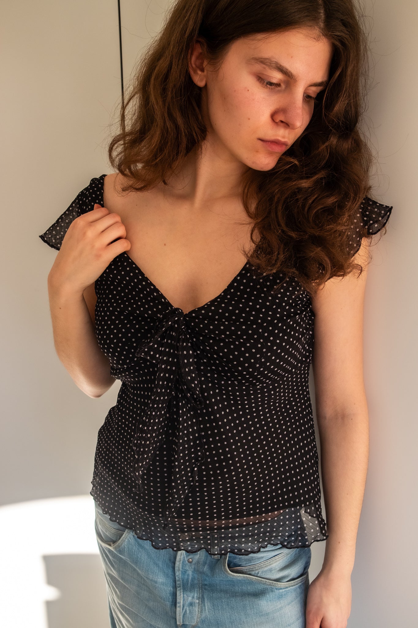 Vintage black and white polka dot chiffon ruffle top