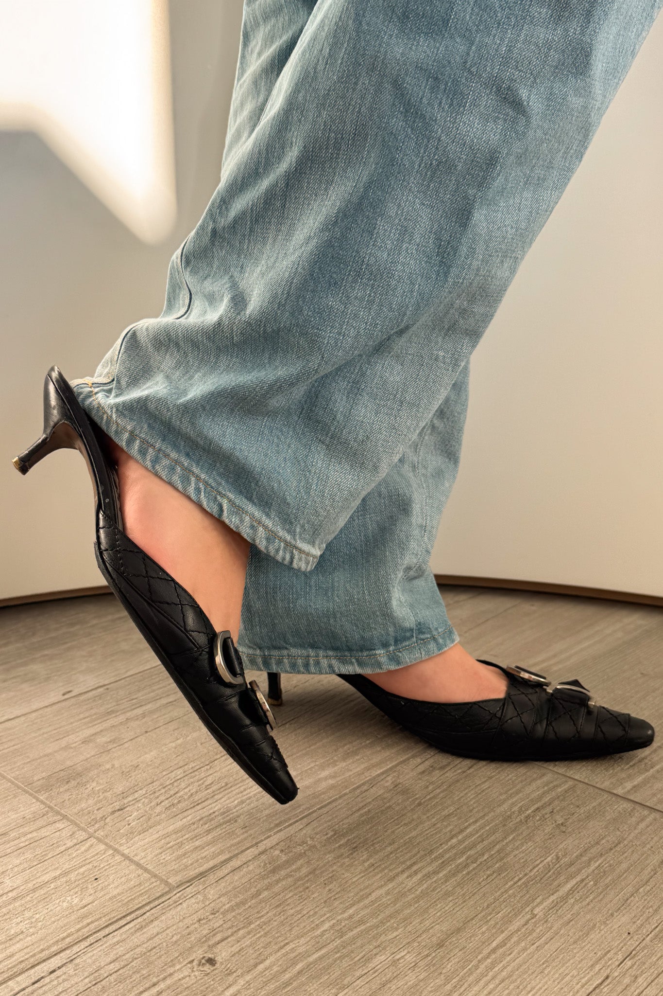 Givenchy black leather kitten heels with silver buckle detail
