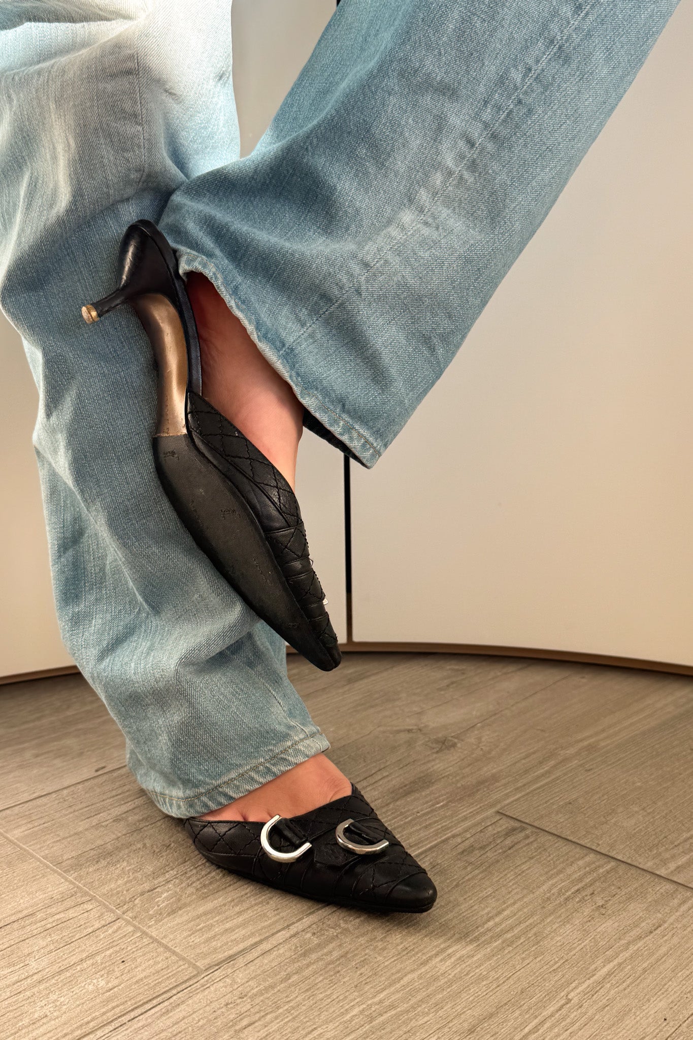 Givenchy black leather kitten heels with silver buckle detail