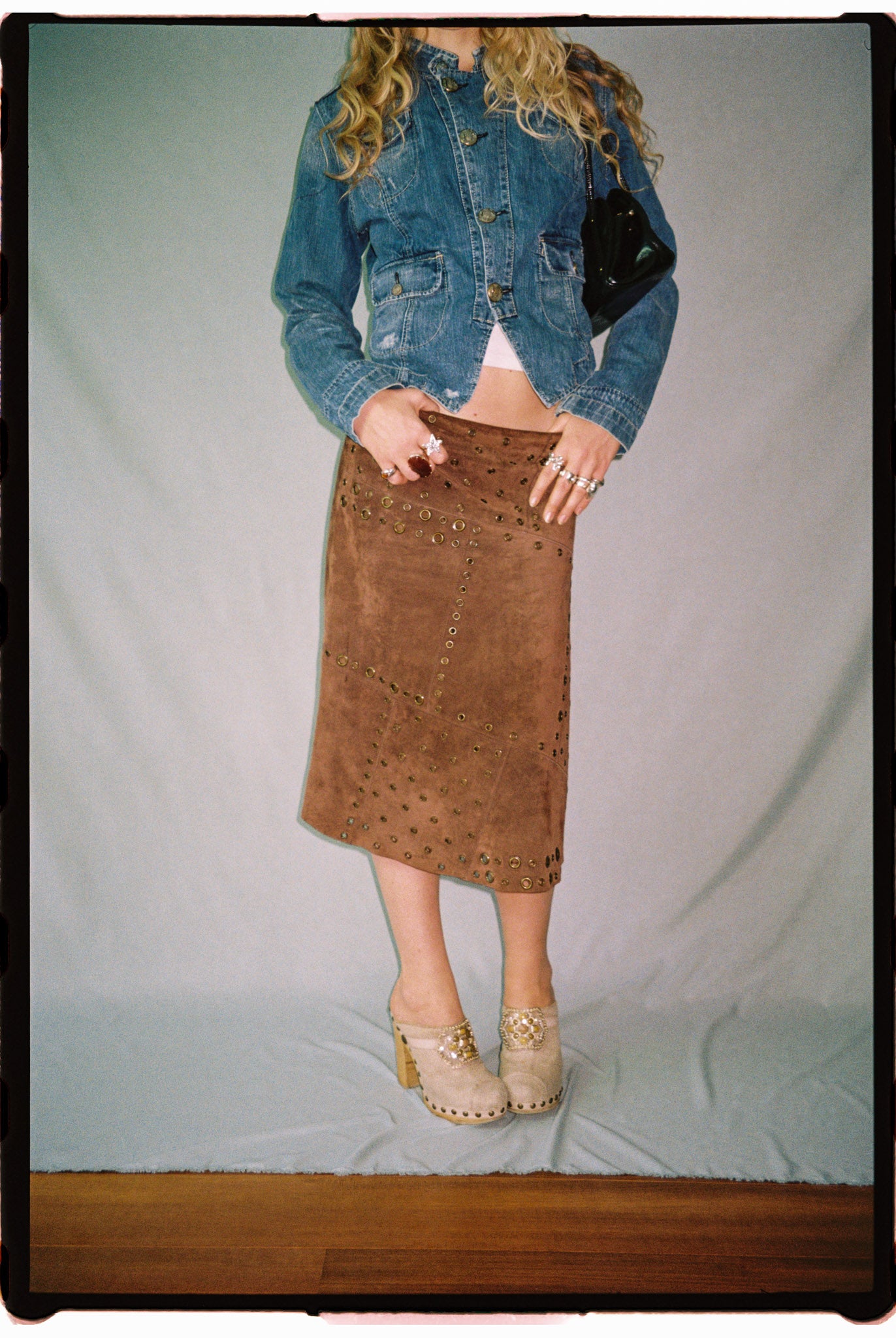 Vintage suede eyelet midi skirt