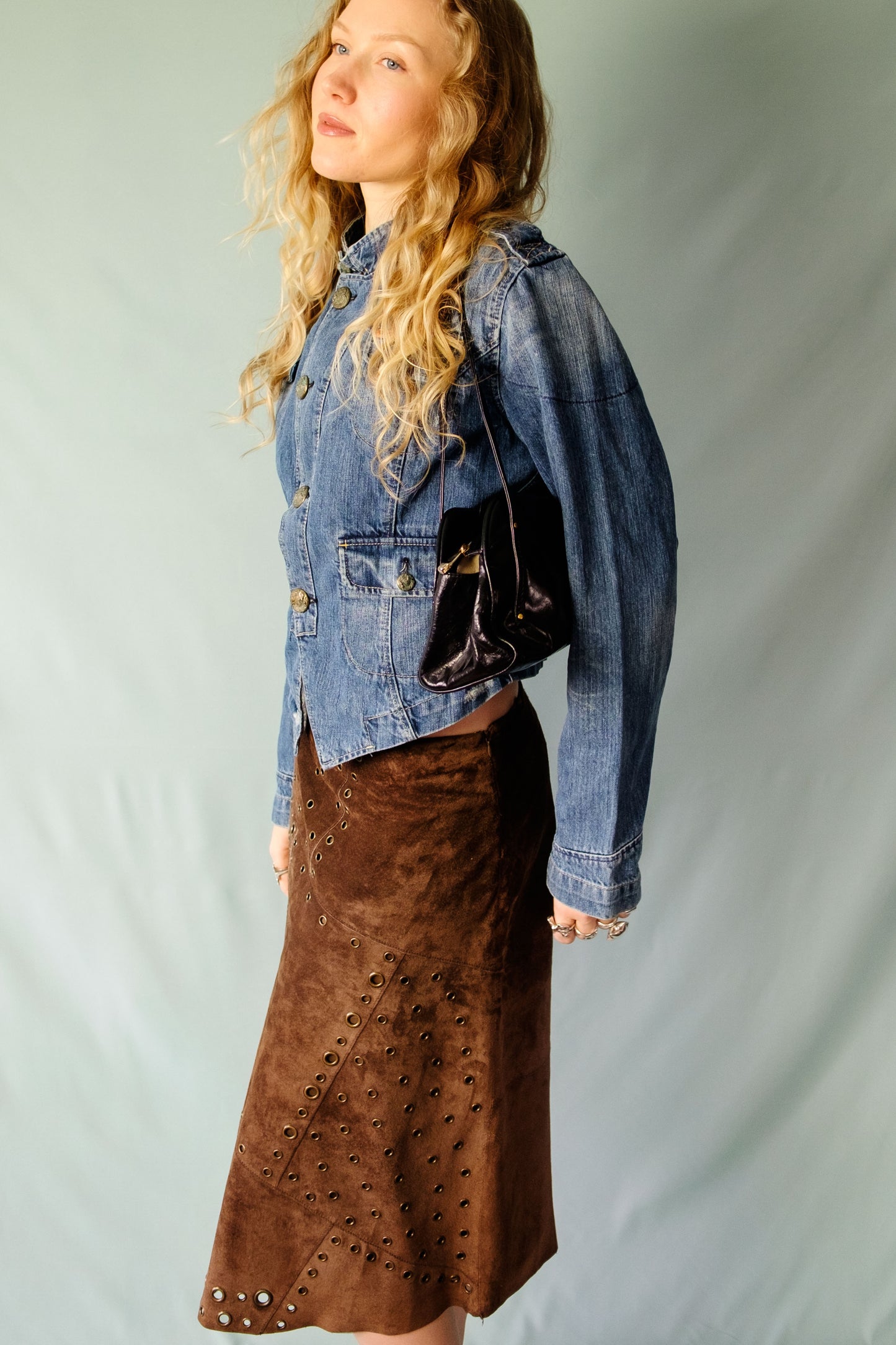 Vintage suede eyelet midi skirt