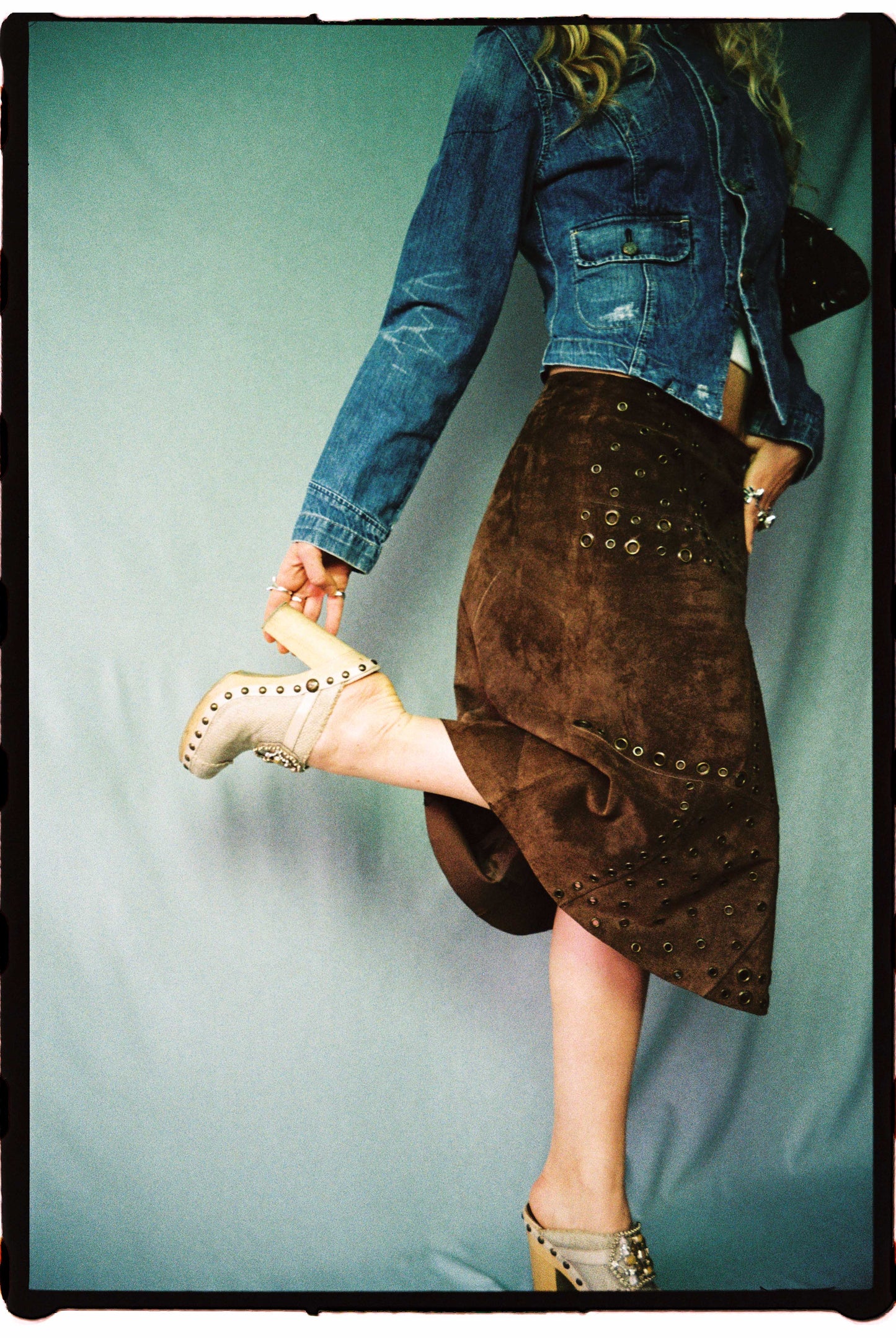 Vintage suede eyelet midi skirt